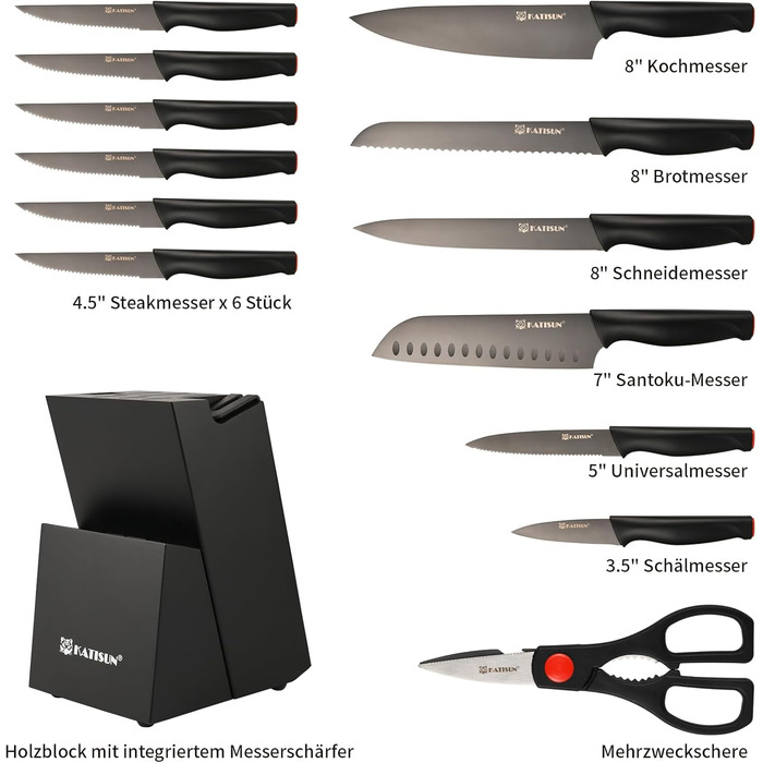 Набір кухонних ножів Katisun 16 шт. з підставкою, японська сталь, з заточувачем, дощечкою та ножицями. Кухонний набір для нарізання, шинкування та різання, стійкий до миття в посудомийній машині, титанове покриття
