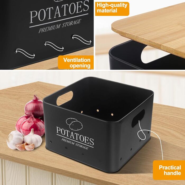 Набір контейнерів для зберігання картоплі, цибулі та часнику (3 шт.) з бамбуковим кришками - зберігає овочі свіжими. Чорний колір