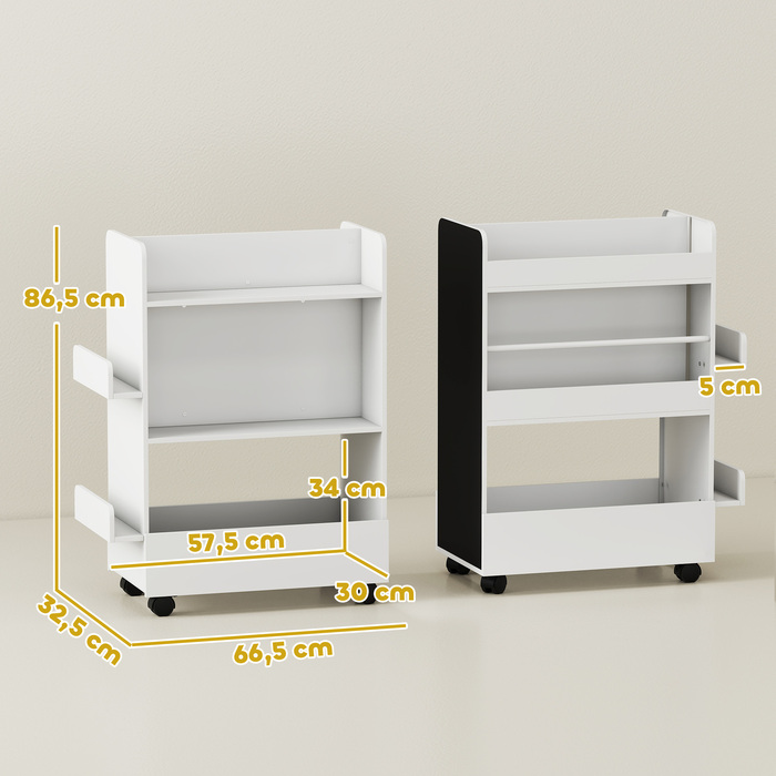 Дитяча полиця для книжок Kinder з 4 полицями, нижньою секцією, 2 бічними панелями, дощечкою для малювання, колесами, для дітей 3–8 років, 66,5 x 32,5 x 86,5 см, білий