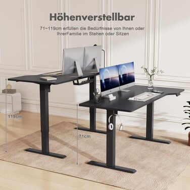 Регульований стіл JUMMICO 180 x 85 см L-подібний, електричний, для геймінгу, з гачками (чорний)