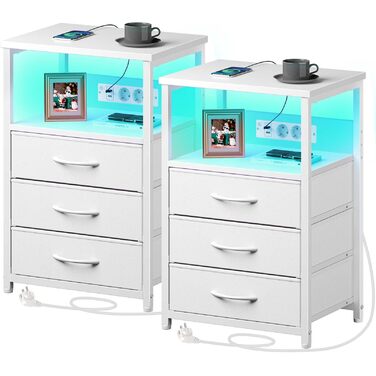 Журнальний столик Rolanstar з LED-підсвічуванням та зарядкою, 2 шт. з 3 висувними ящиками, USB-портами та розетками, для вітальні/спальні, білий, 40 x 30 x 60 см