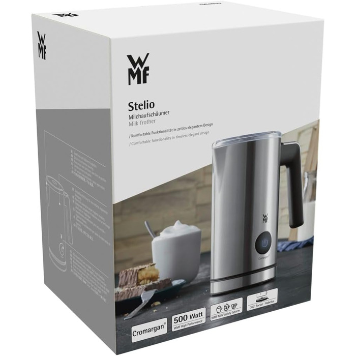 Електричний спінювач молока WMF Stelio, 500 Вт, 150-250 мл, антипригарне покриття, бездротовий, для гарячого та холодного молока, какао, cromargan матовий/сріблястий