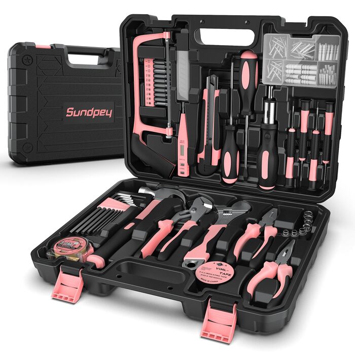 Набір інструментів Sundpey 148 предметів в кейсі - рожевий, з викрутками, ключами, плоскогубцями та тестером напруги для дому та майстерні