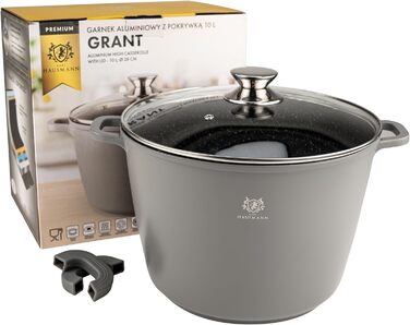 Каструля з антипригарним покриттям 10 літрів з кришкою, діаметр 28 см, з алюмінієвого лиття, для всіх типів плит (включаючи індукцію), сіра. Ідеально підходить для супу, тушкування та приготування великих порцій.