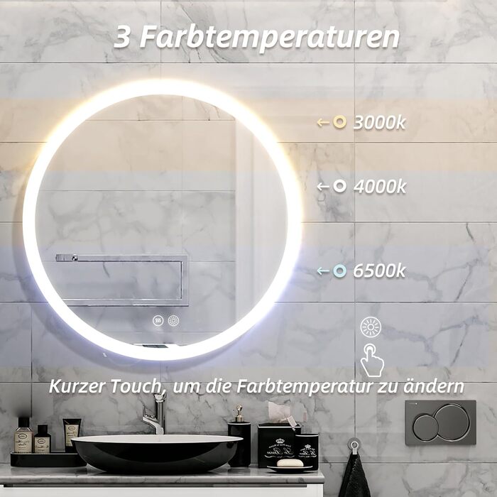 Дзеркало для ванної кімнати HySail з підсвічуванням, 5 мм, висока роздільна здатність, срібне покриття, 3 колірні температури, регульована яскравість, антизапарник, кругле, 60x60 см