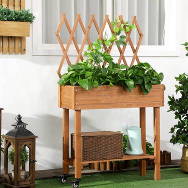 Високе грядка з вбудованою шпалерою, полицею для зберігання, колесами, масивного дерева, коричневого кольору, розміром 79 x 29 x 130 см