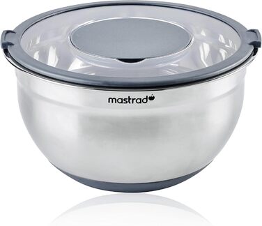 Миска Mastrad з нержавіючої сталі з прозорим кришкою та ручками - 3L, для змішування, випічки, приготування та зберігання продуктів, придатна для миття в посудомийній машині
