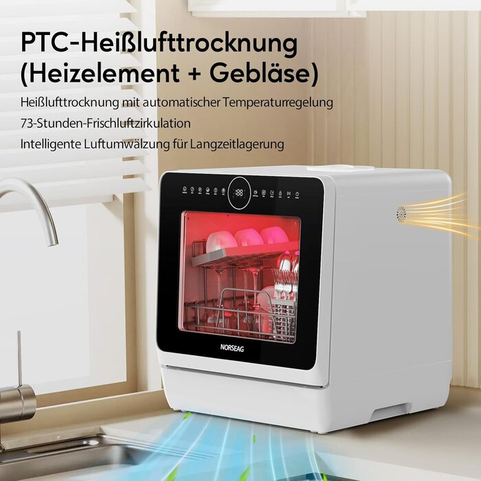 Компактна посудомийна машина Mini – портативна модель на стіл з 10 програмами, 5л баком, для 3 комплектів посуду, сенсорне керування, LED-дисплей, захист від переливу, для кухні, гуртожитку, кемпінгу [Енергоклас D]