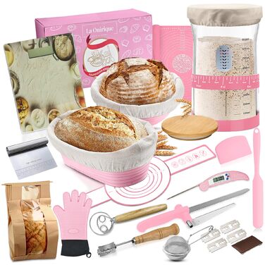 Набір для приготування закваски з вагами, скляний стартер 1,2 л, 2 гнізда для вистоювання, скребок, ваги, повний комплект для приготування (Рожевий)