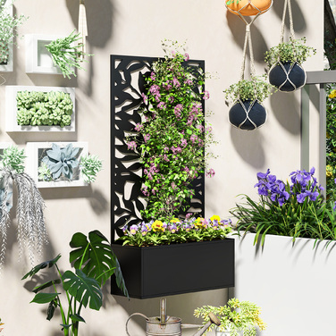 Підвищене грядка з захисним екраном, шпалерною решіткою, метал, чорний