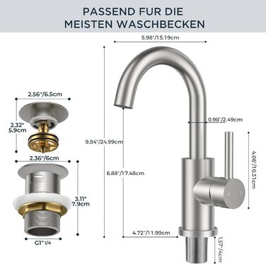 Змішувач для ванної кімнати/кухні FORIOUS Hoch 360° з нержавіючої сталі, з підйомом 175 мм, з підключенням до гарячої та холодної води, для мийки, для дому та кемпінгу