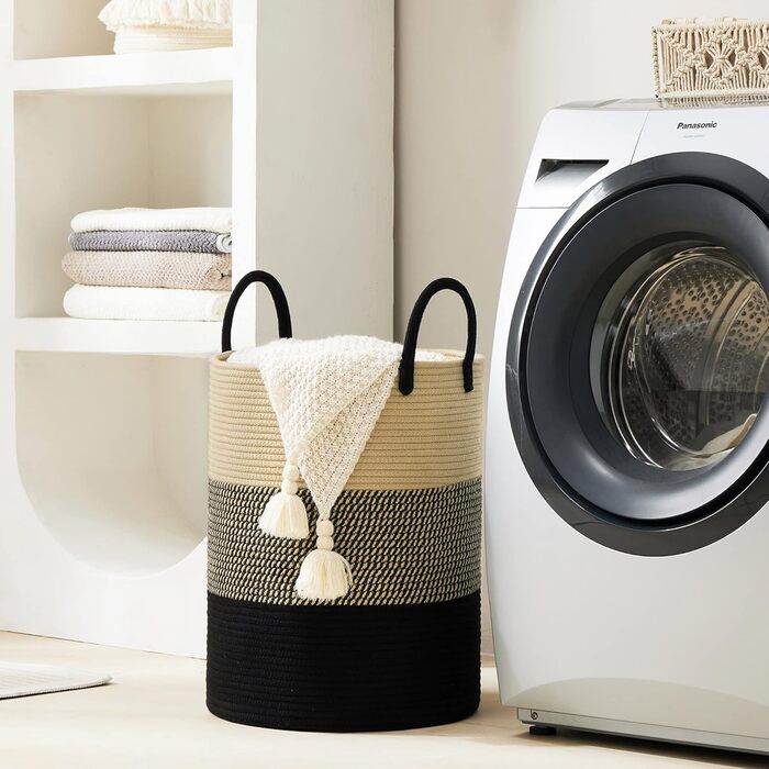 YOUDENOVA Плетіний кошик для білизни з ручкою, 58L - ручна робота з бавовни, чорно-коричневий