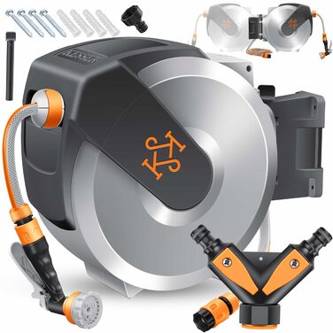 Шланг для саду KESSER® з автоматичним підйомом | Шланг для поливу 25м з насадкою 7-в-1 | Настінна шланг-бокс | Колір сірий