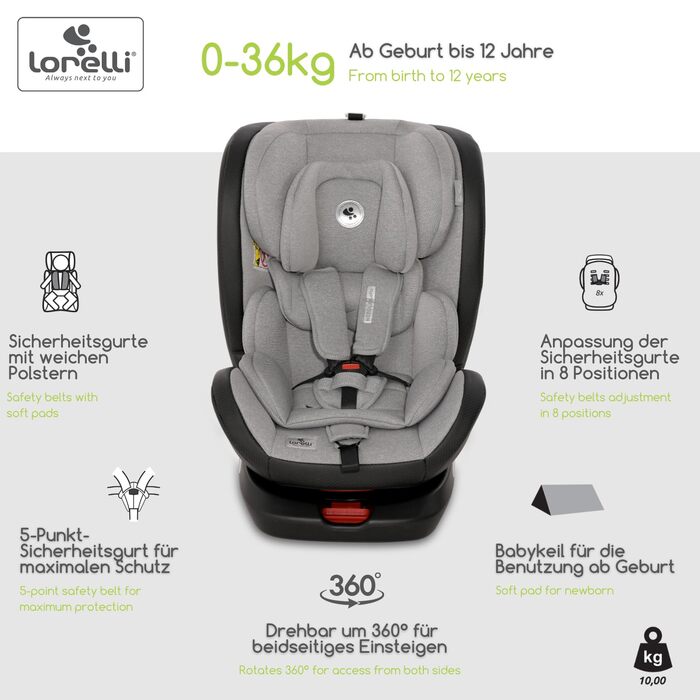 Автокрісло Lorelli Nebula, автокрісло з Isofix - група 0/1/2/3 (0-36 кг), дитяче крісло, регульований підголівник в 8 положеннях, поворот на 360 градусів, 5-точковий ремінь безпеки, чорний (темно-сірий)