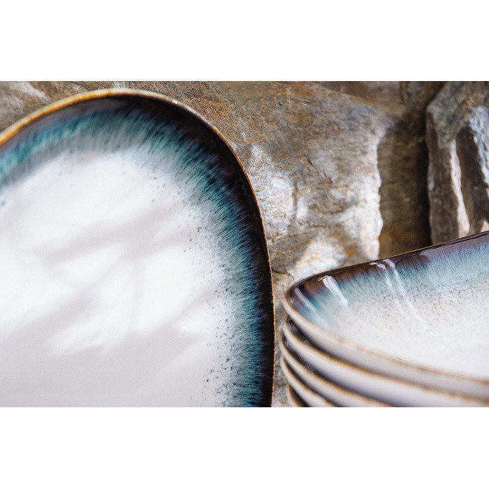Набір з 6 обідніх тарілок Konsimo - Можна мити в посудомийній машині та в мікрохвильовій печі - Тверда порцеляна - TIME DIM Велика обідня тарілка - 28x24 см - Білий/синій (60 символів)
