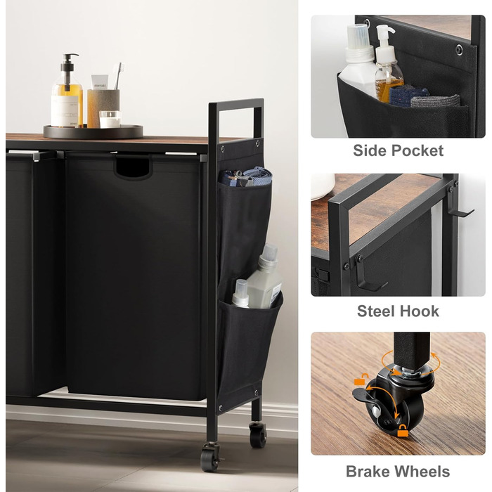 WOWLIVE Подвійний кошик для білизни з кришкою, на коліщатках, з металу, сортувальник для білизни з верхньою полицею та 2 знімними мішками, велике зберігання одягу для кімнати (110л, чорний)