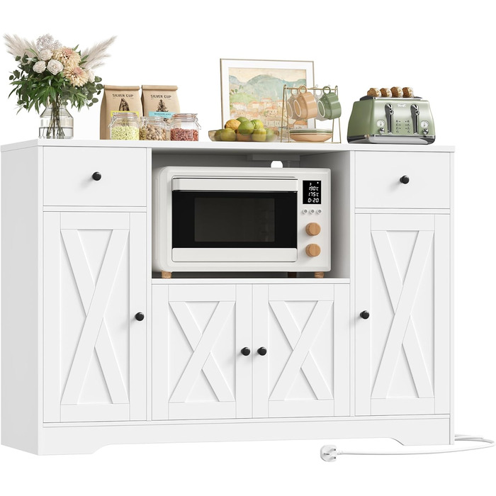 Білий комод для кухні HOCSOK 120 см з полицями, мікрохвильовою печиркою та розеткою. Комод для кухні, вітальні, їдальні (120x85x40 см)