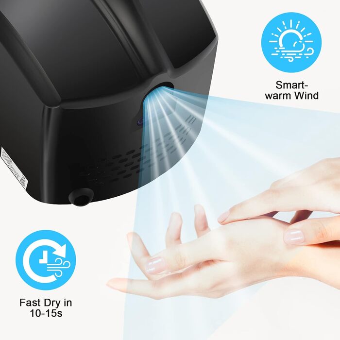 Електричний сушар для рук QL автоматичний, з HEPA-фільтром, нержавіюча сталь, для ванної кімнати та туалету, 1150W, чорний