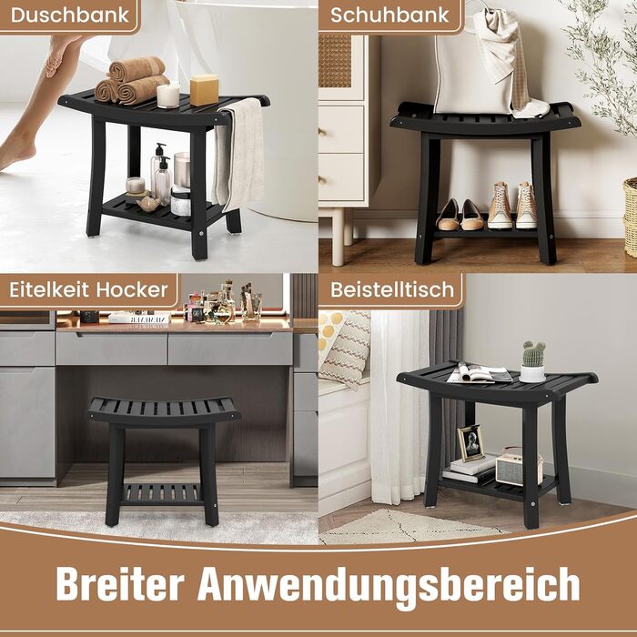 Двомісний стілець для душу Costway з полицею, 170 кг, 60,5 x 34 x 48 см (Чорний)