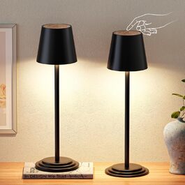 LED настільна лампа Bonsery 2 шт. Бездротова, 5200mAh, метал, 3 кольори, регулювання яскравості, портативна, вологостійка, 2 висоти (24/37,5 см), для дому, бару, кемпінгу (чорний з деревом, 2 шт.)