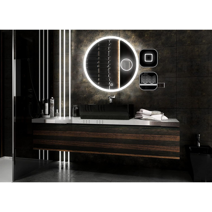 Дзеркало для ванної кімнати з підсвічуванням LED, діаметр 90 см, кругле. Нейтральне світло 4000K. Без додаткових функцій. Розміри 100x100 см.