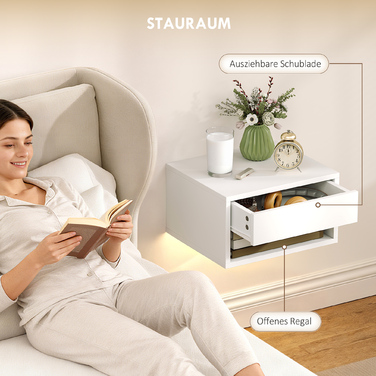 Набір з двох приліжних тумбочок з RGB-підсвіткою, приліжкові тумбочки з плавною конструкцією з висувним ящиком та відкритою полицею, білий