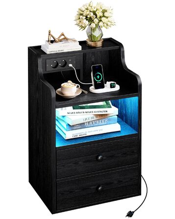 Нічний столик IRONCK з LED-підсвічуванням, розеткою та функцією зарядки, з ящиками, чорний
