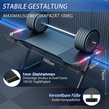 Ігровий стіл HLONONE з LED підсвічуванням, 160 x 60 см, стіл для комп'ютера з карбоновим покриттям, чорний, з тримачем для напоїв та гачком для навушників