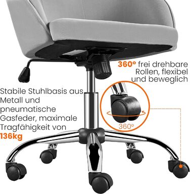 Крісло Yaheetech для дому та офісу, крісло для макіяжу, регульоване по висоті, поворотне, оксамитове, для робочого кабінету, спальні, дихаюче, на коліщатках, до 136 кг, сірий колір