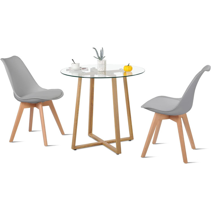 Елегантний обідній стіл H.J WeDoo з 2 стільцями: скляний круглий стіл у скандинавському стилі для балкона, вітальні та їдальні, білий колір, 2 стільці з бука (білий)