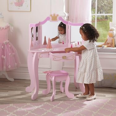 Дитячий туалетний столик KidKraft Принцеса з дзеркалом та пуфом з дерева для дітей, з шухлядою, 76123