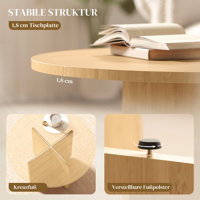 Круглий журнальний столик, бамбуковий столик для вітальні з перехресними ніжками, натуральний