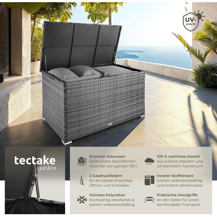 Скриня для зберігання садових речей Tectake з поліротангу, 750 л, чорна - водонепроникна, з газовими амортизаторами, 145x82.5x79.5 см