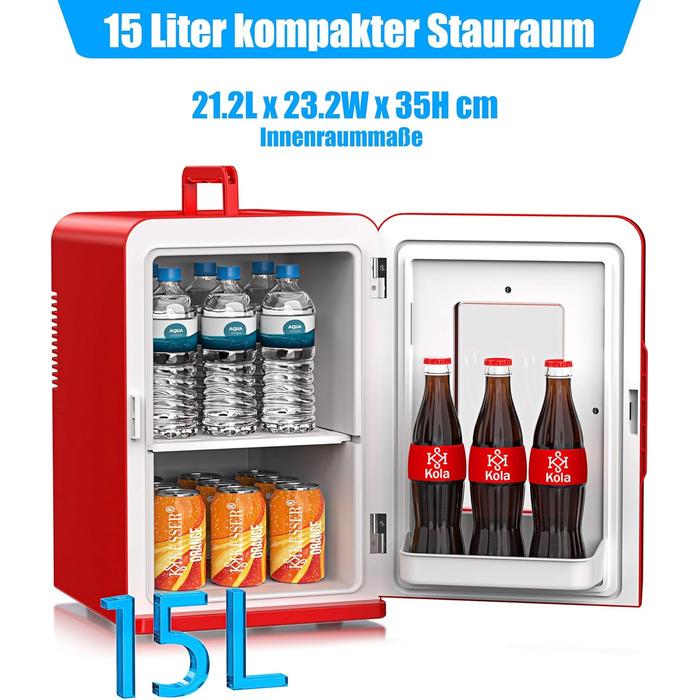 Міні холодильник/термобокс KESSER® 2в1, 15л, з функцією охолодження та підігріву, портативний, AC/DC 220-240V/12V, для авто, офісу, дому, кемпінгу, червоний