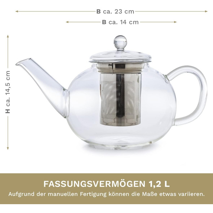 Скляний чайник Creano Glass Teapot 3 частини з вбудованим ситечком з нержавіючої сталі та скляною кришкою, ідеально підходить для приготування чаю оптом, без крапель, все в одному (1.2 л)