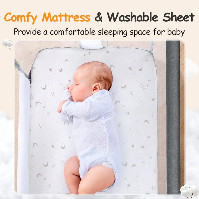 Зустрічне ліжко для немовлят, коліс, кошик для зберігання, регулювання висоти 7 рівнів (темно-сірий)