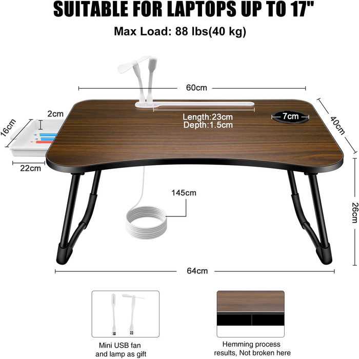 Зручний столик для ноутбука на ліжко/диван, з USB, ящиком та підставкою для планшету (60 x 40 см, коричневий)