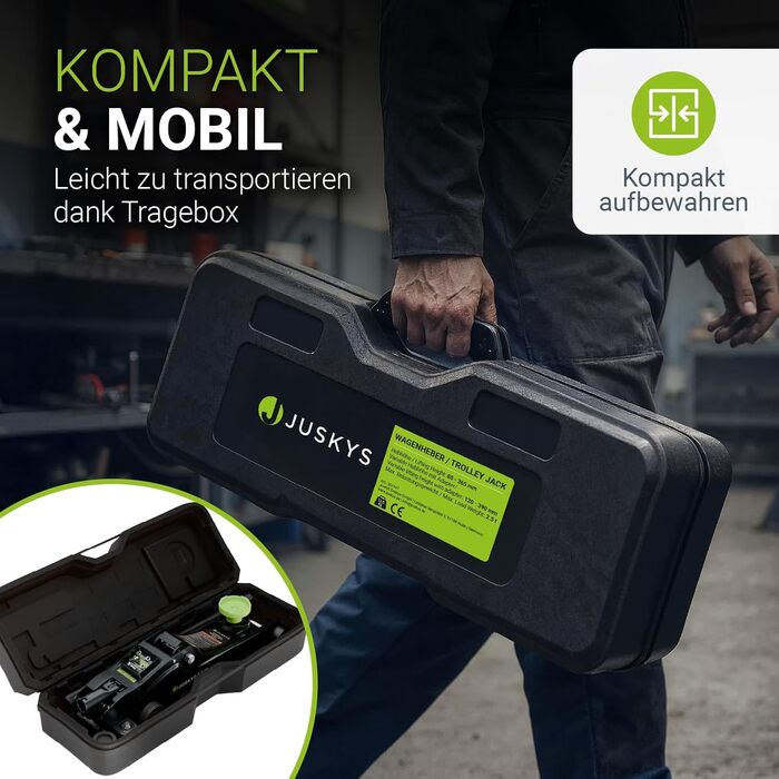 Підйомник гідравлічний Juskys 2.5 т, сталевий, 85-390 мм, з кейсом, гумовими накладками та аксесуарами - Чорно-зелений