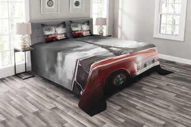 Набір покривал, вінтажний автомобіль і Ейфель, Комплект з наволочкою повітропроникний, для односпальних ліжок 170 х 220 см, сіро-червоний (264 см х 220 см, Multi 1)