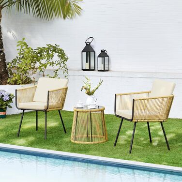 Набір садових меблів Yaheetech з ротангу для балкона: 2 крісла з подушками та стіл зі скляною стільницею, світло-коричневий/кремовий