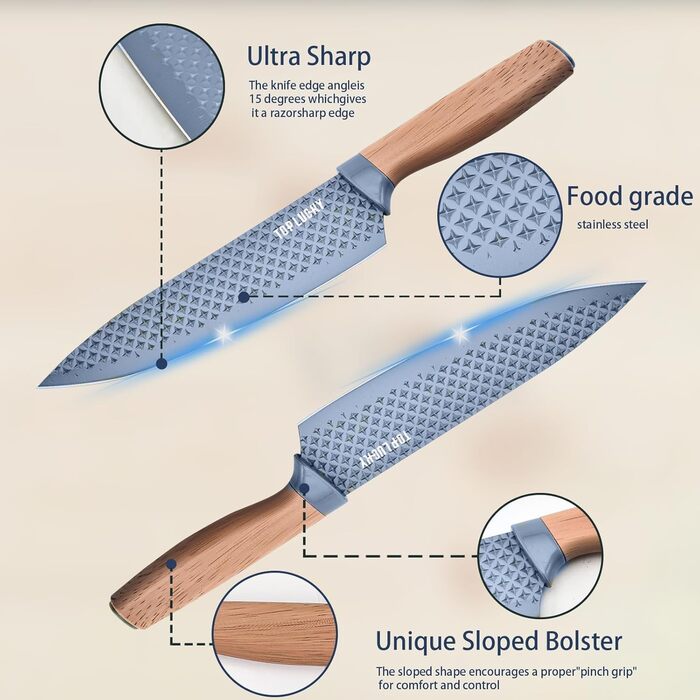 Набір кухонних ножів, 6 предметів, чорний, гострий, з антипригарним покриттям, нержавіюча сталь, з підставкою (блакитна)