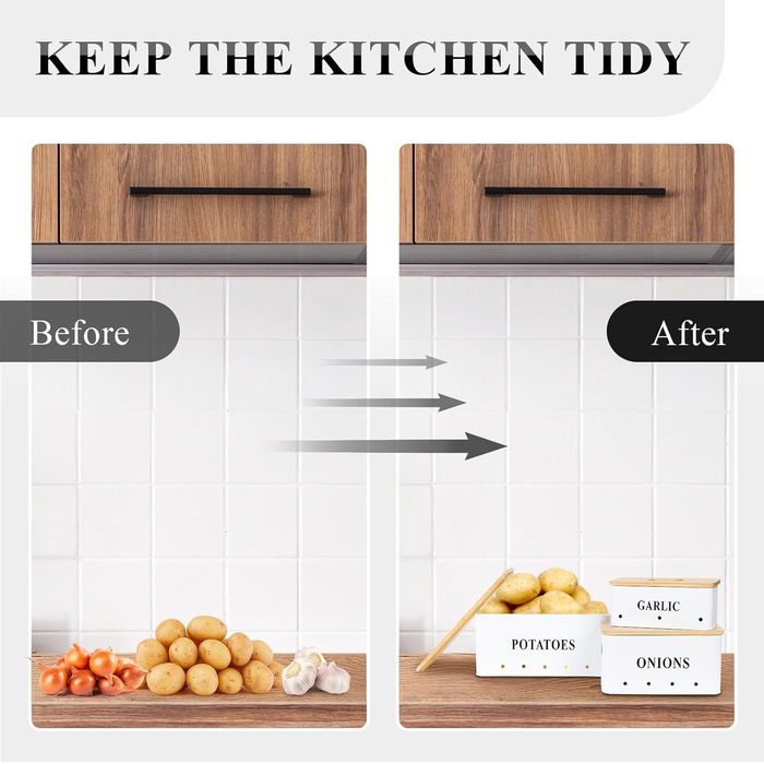 Набір контейнерів для картоплі, цибулі та часнику [3 шт] з бамбуковими кришками | Коробки для зберігання овочів з вентиляцією | Чорний