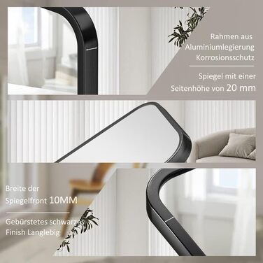 Круглий дзеркало Boromal Schwarz з ремінцем для стіни, великий, 50x70 см. Підходить для ванної кімнати, вітальні, спальні, передпокою.