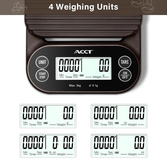 Ваги для кави з таймером – 3 кг/0,1 г, ваги для бариста для еспресо, приготування та кухонного використання, 4 одиниці, високоточні ваги з антиковзким покриттям