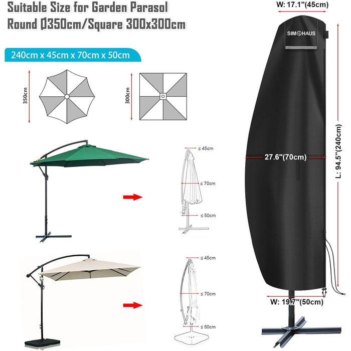 Чохол для парасольки 4м, захисний чохол для парасольки з розкривною тканиною (Ampelschirm) діаметром до 400 см. Захисний чохол для парасольки, чохол для подвійної парасольки, анти-UV, Oxford Fabric, 280x70/70 см (240x45/70/50 см)