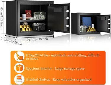 Сейф для дому та офісу WASJOYE Tresor Safe Groß з ключем та електронним замком, настінний сейф з цифровим кодом (40x38x31 см, 31 л)