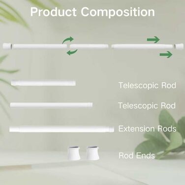 Телескопічна штора-карниз без свердління 85-265 см (Ø 32 мм) білий — розсувна труба для штор у ванну кімнату, гардероб та DIY-проєкти