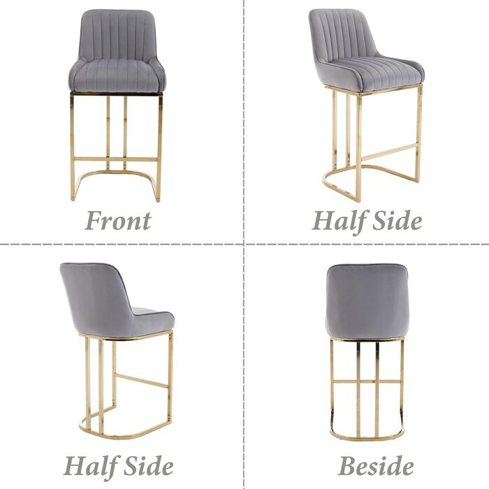 Набір з 2 барних стільців з велюру з золотистими металевими ніжками, з підлокітниками, для кухонного острова/домашнього бару, сірий