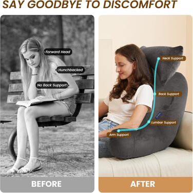 Підлогове крісло для читання з підголовником (світло-сірий, Oeko-Tex), м'яке спинне крісло з підлокітниками та кишенями для дорослих, зручне ліжко-крісло з Memory Foam для гуртожитку, світло-сірий, великий, преміум-якість