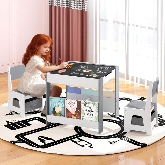 Дитячий стіл COSTWAY з 2 стільцями: дерев'яний набір 4-в-1 з полицями та ящиками для зберігання (від 3 років)